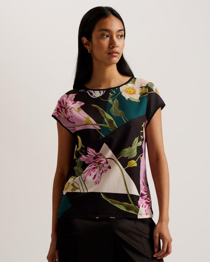 T-Shirt Ted Baker Woven Front Floral Print Noir Femme | XGN-32376392